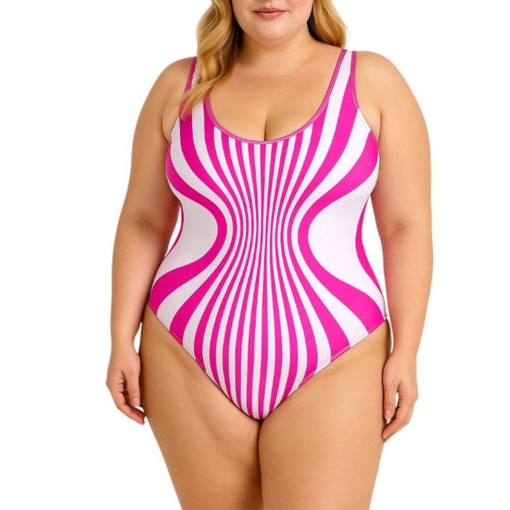 Retro Pink & White Optical Stripe Scoop Neck One-Piece Swimsuit | Size 2XL
